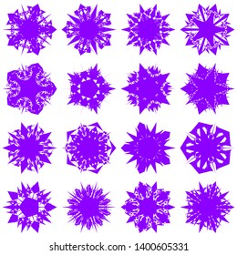 Violet Flowers / Pseudo-Snowflakes on white background. Sharp set of 16 items. 5 (five) angles. - Vector