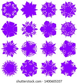 Violet Flowers / Pseudo-Snowflakes on white background. Sharp set of 16 items. 5 (five) angles. - Vector