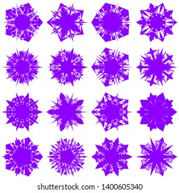 Violet Flowers / Pseudo-Snowflakes on white background. Sharp set of 16 items. 5 (five) angles. - Vector