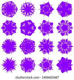 Violet Flowers / Pseudo-Snowflakes on white background. Sharp set of 16 items. 5 (five) angles. - Vector