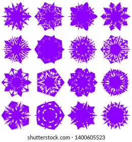 Violet Flowers / Pseudo-Snowflakes on white background. Sharp set of 16 items. 5 (five) angles. - Vector