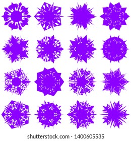 Violet Flowers / Pseudo-Snowflakes on white background. Sharp set of 16 items. 5 (five) angles. - Vector