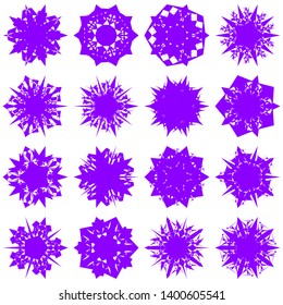 Violet Flowers / Pseudo-Snowflakes on white background. Sharp set of 16 items. 5 (five) angles. - Vector