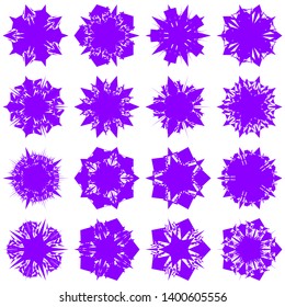 Violet Flowers / Pseudo-Snowflakes on white background. Sharp set of 16 items. 5 (five) angles. - Vector