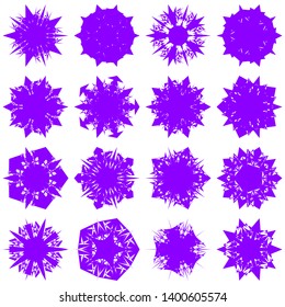 Violet Flowers / Pseudo-Snowflakes on white background. Sharp set of 16 items. 5 (five) angles. - Vector
