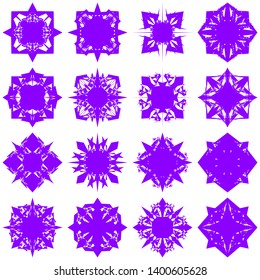 Violet Flowers / Pseudo-Snowflakes on white background. Sharp set of 16 items. 4 (four) angles. - Vector