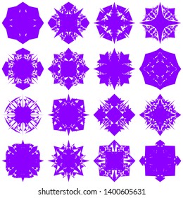 Violet Flowers / Pseudo-Snowflakes on white background. Sharp set of 16 items. 4 (four) angles. - Vector