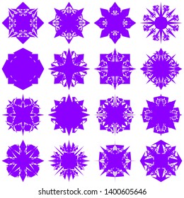 Violet Flowers / Pseudo-Snowflakes on white background. Sharp set of 16 items. 4 (four) angles. - Vector