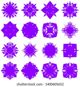 Violet Flowers / Pseudo-Snowflakes on white background. Sharp set of 16 items. 4 (four) angles. - Vector