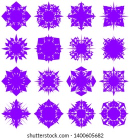 Violet Flowers / Pseudo-Snowflakes on white background. Sharp set of 16 items. 4 (four) angles. - Vector