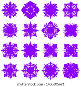 Violet Flowers / Pseudo-Snowflakes on white background. Sharp set of 16 items. 4 (four) angles. - Vector