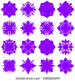 Violet Flowers / Pseudo-Snowflakes on white background. Sharp set of 16 items. 4 (four) angles. - Vector