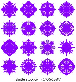 Violet Flowers / Pseudo-Snowflakes on white background. Sharp set of 16 items. 4 (four) angles. - Vector