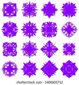 Violet Flowers / Pseudo-Snowflakes on white background. Sharp set of 16 items. 4 (four) angles. - Vector