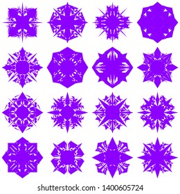 Violet Flowers / Pseudo-Snowflakes on white background. Sharp set of 16 items. 4 (four) angles. - Vector