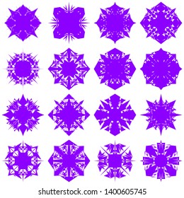 Violet Flowers / Pseudo-Snowflakes on white background. Sharp set of 16 items. 4 (four) angles. - Vector