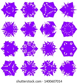 Violet Flowers / Pseudo-Snowflakes on white background. Sharp set of 16 items. 3 (three) angles. - Vector