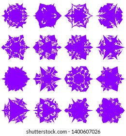 Violet Flowers / Pseudo-Snowflakes on white background. Sharp set of 16 items. 3 (three) angles. - Vector