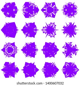 Violet Flowers / Pseudo-Snowflakes on white background. Sharp set of 16 items. 3 (three) angles. - Vector