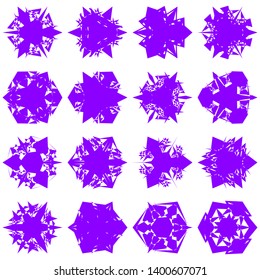 Violet Flowers / Pseudo-Snowflakes on white background. Sharp set of 16 items. 3 (three) angles. - Vector