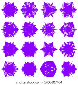 Violet Flowers / Pseudo-Snowflakes on white background. Sharp set of 16 items. 3 (three) angles. - Vector