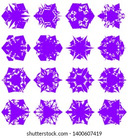 Violet Flowers / Pseudo-Snowflakes on white background. Sharp set of 16 items. 3 (three) angles. - Vector