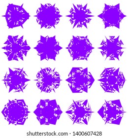 Violet Flowers / Pseudo-Snowflakes on white background. Sharp set of 16 items. 3 (three) angles. - Vector