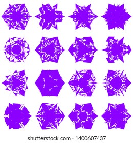 Violet Flowers / Pseudo-Snowflakes on white background. Sharp set of 16 items. 3 (three) angles. - Vector