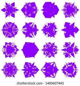 Violet Flowers / Pseudo-Snowflakes on white background. Sharp set of 16 items. 3 (three) angles. - Vector