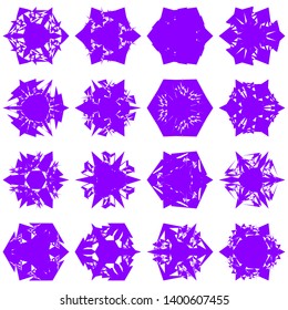 Violet Flowers / Pseudo-Snowflakes on white background. Sharp set of 16 items. 3 (three) angles. - Vector