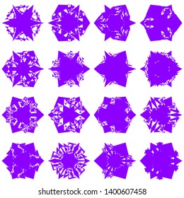 Violet Flowers / Pseudo-Snowflakes on white background. Sharp set of 16 items. 3 (three) angles. - Vector