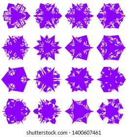 Violet Flowers / Pseudo-Snowflakes on white background. Sharp set of 16 items. 3 (three) angles. - Vector