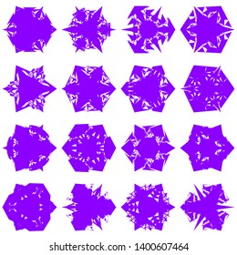Violet Flowers / Pseudo-Snowflakes on white background. Sharp set of 16 items. 3 (three) angles. - Vector