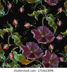 Flores violetas, sin costura. Bordados. Arte de jardín de verano. Planta de moda para ropa, textiles, diseño de pantalones. Ilustración botánica
