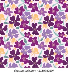 Violet Flowers Seamless Pattern. A floral design, nature, natural look, vector, illustration, repeating summer, spring, leaves, fabric, textile, background, curtain, wallpaper, ornament, design