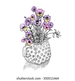 Violet flowers in a small vase. Hand drawn vector illustration on a white background. 