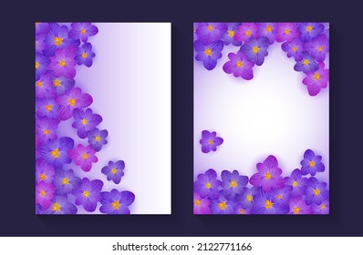 Violet flowers vector cards set, purple floral backgrounds collection, wedding invitation card templates. March 8th International Women's Day banners, Mother's Day frames. Crocus saffron flowers bloom