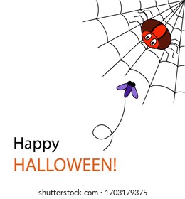 Violet fly flying to the red spider. Cartoon big spider sitting on a web. A smiling arachnid catches a fly. Flat Halloween vector illustration. Happy Halloween text. For card, invitation.