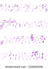Violet flying musical notes isolated on white backdrop. Purple musical notation symphony signs, notes for sound and tune music. Vector symbols for melody recording, prints and back layers.