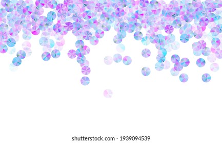 Violet foil confetti placer vector composition. Luxury shining bead particles holiday decor top view. New Year confetti scatter twinkling background.