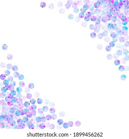 Violet foil confetti scatter vector illustration. Delicate sparkling paillette elements holiday glitter flatlay. Holiday confetti placer lustering background.