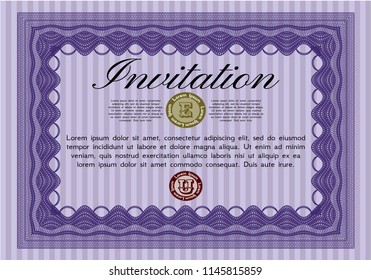 Violet Formal invitation. With complex linear background. Cordial design. Detailed. 