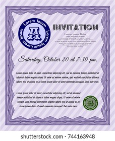 Violet Formal invitation. Detailed. With guilloche pattern and background. Nice design. 