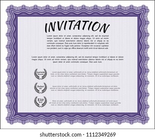  Violet Formal invitation. With great quality guilloche pattern. Detailed. Artistry design. 