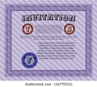 Violet Formal invitation. With great quality guilloche pattern. Detailed. Money Pattern. 