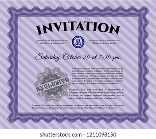 Violet Formal invitation. With great quality guilloche pattern. Lovely design. Vector illustration. 