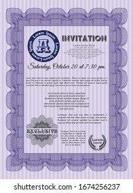 Violet Formal invitation. With guilloche pattern and background. Money style design. Detailed. 