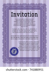 Violet Formal invitation. With guilloche pattern. Vector illustration. Elegant design. 