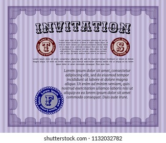 Violet Formal invitation. With linear background. Artistry design. Detailed. 