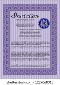 Violet Formal invitation. Money design. Detailed. With guilloche pattern and background. 
